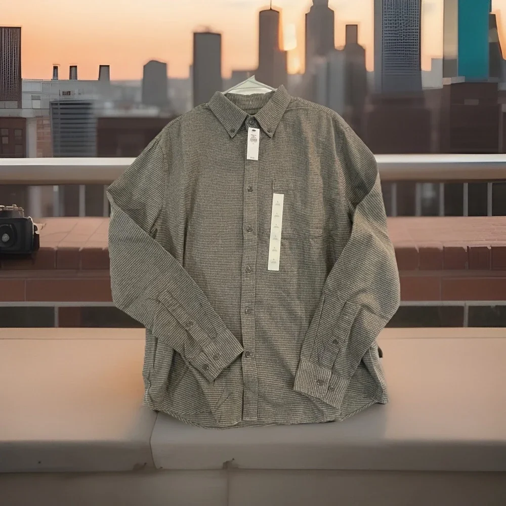 Banana Republic Shirt Mens Large Gray Houndstooth‎ Long Sleeve Button Down